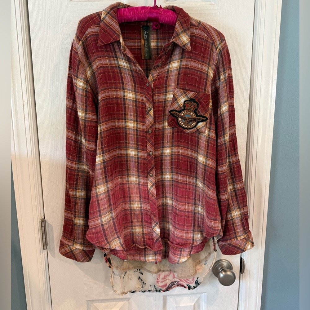Aratta Silent Journey by Anthropologie EUC Sz. Sm  Plaid  Boho Artsy Shirt